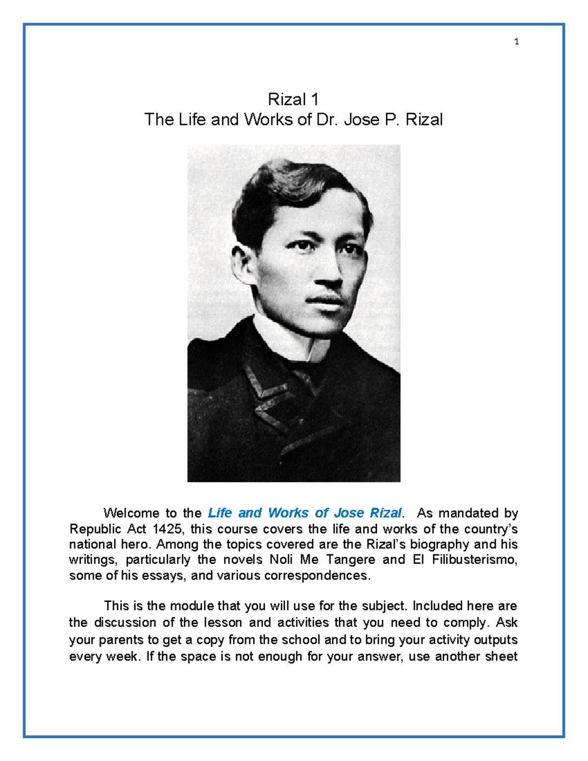 Rizal 1: Module on the Life and Works of Dr. Jose P. Rizal - Studocu