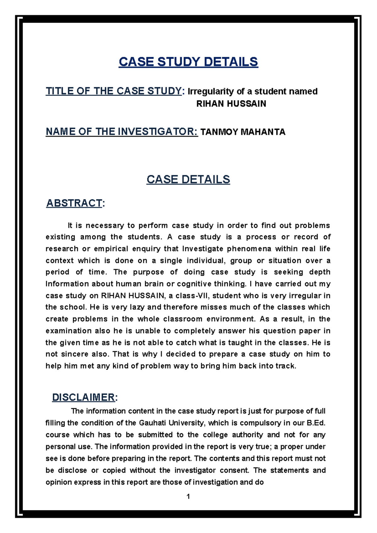 Case Study on Student Irregularity: Rihan Hussain (B.Ed 101) - Studocu