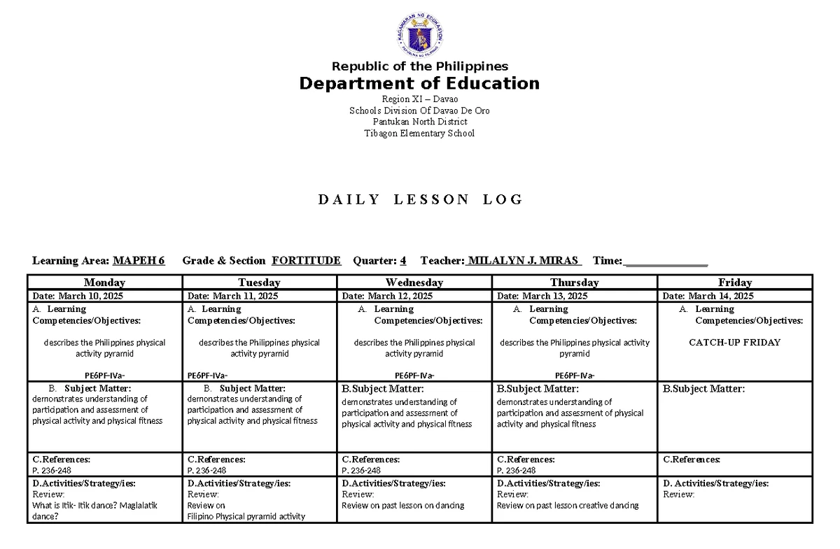 Filipino 5 - Daily Lesson Log for March 10-14, 2025 - Studocu