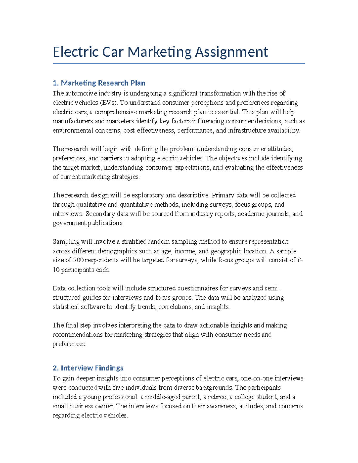 Electric Car Marketing Research Plan (MKT 101) - Assignment 1 - Studocu