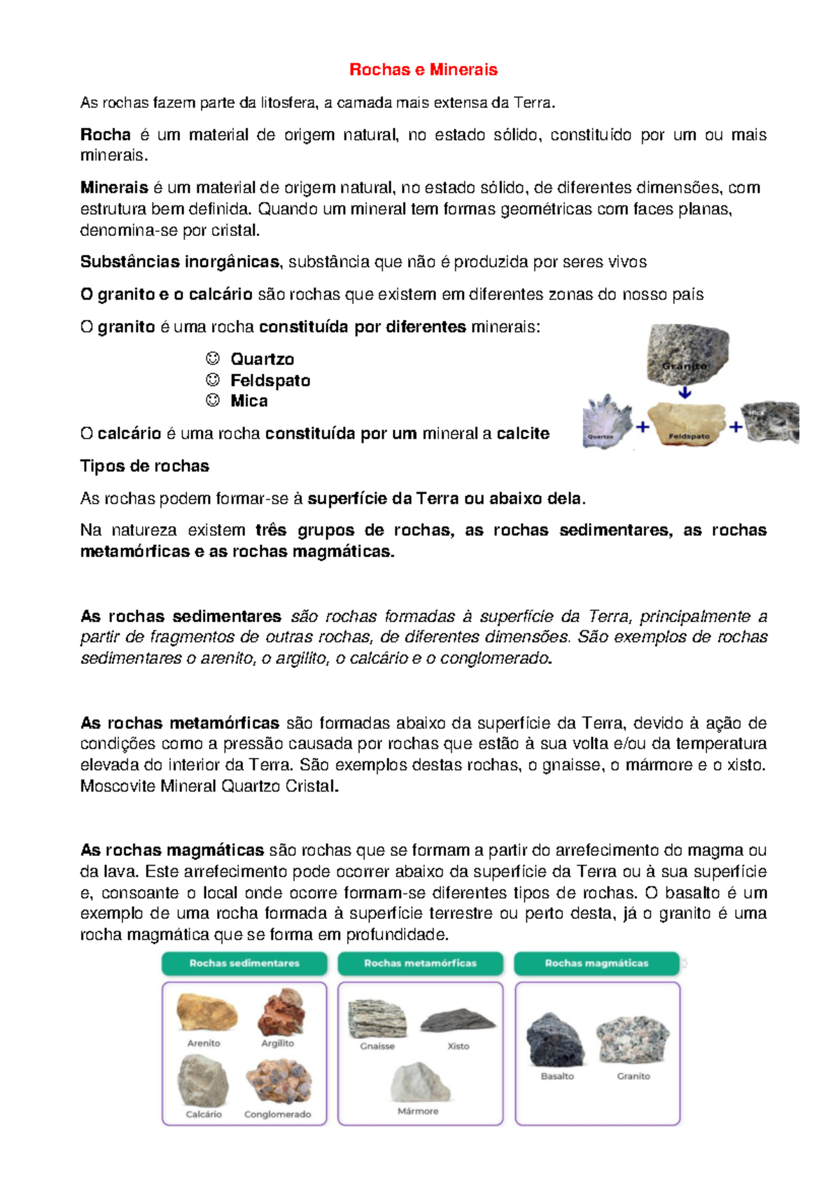 Resumo sobre Rochas e Minerais - Geologia 101 - Studocu