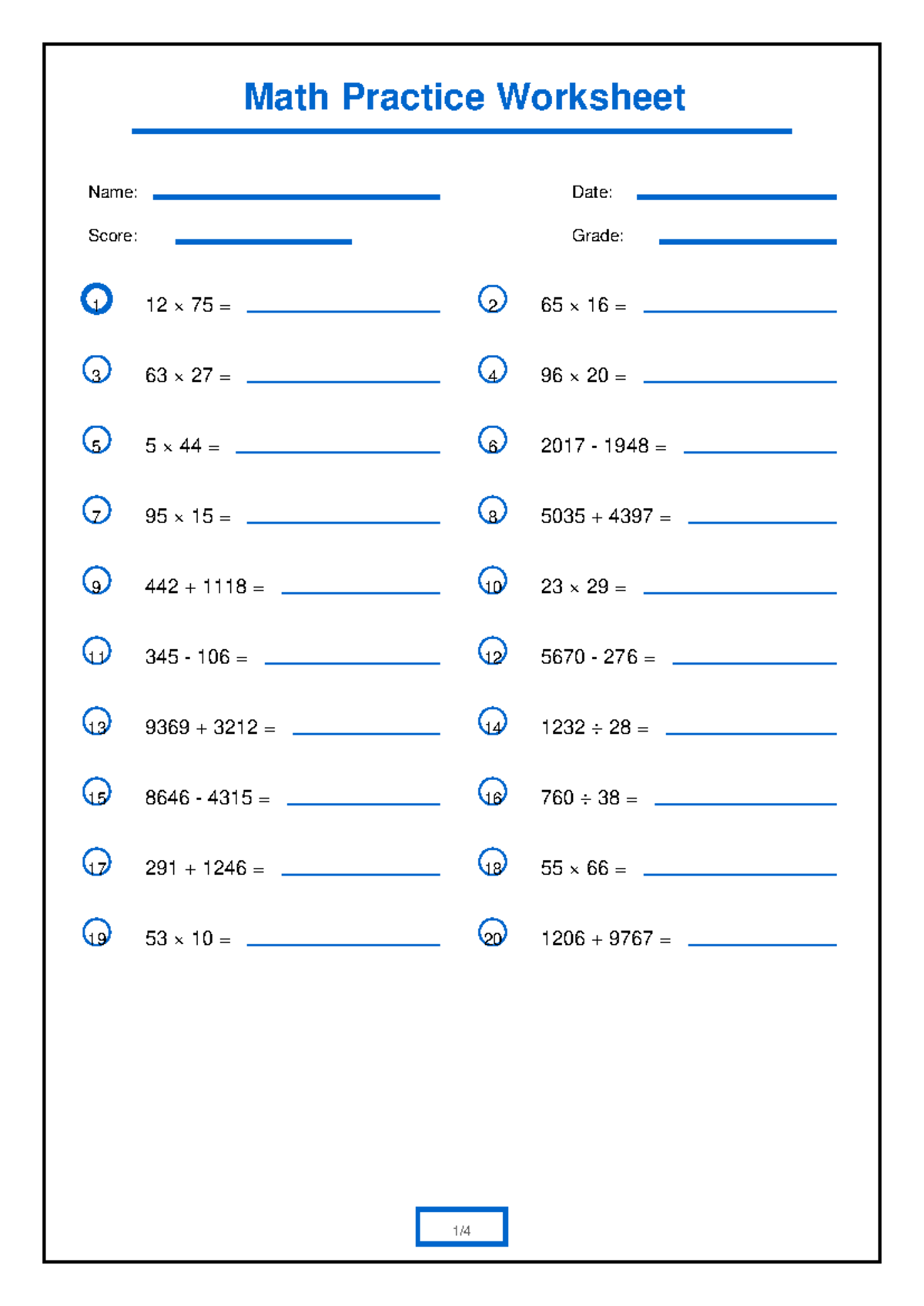 Math Practice Worksheet 1: Problem Set and Answer Key - Studocu