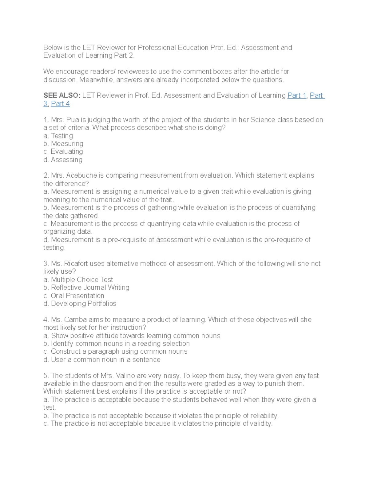 Assessment and Evaluation of Learning Part 2 - Below is the LET ...