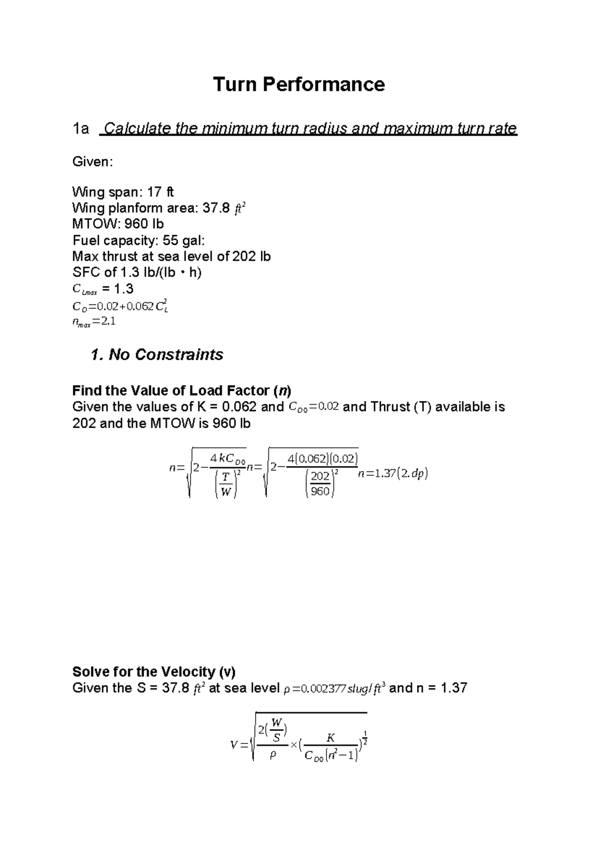 Assignment 3 AERO - Turn Performance Calculations and Analysis - Studocu