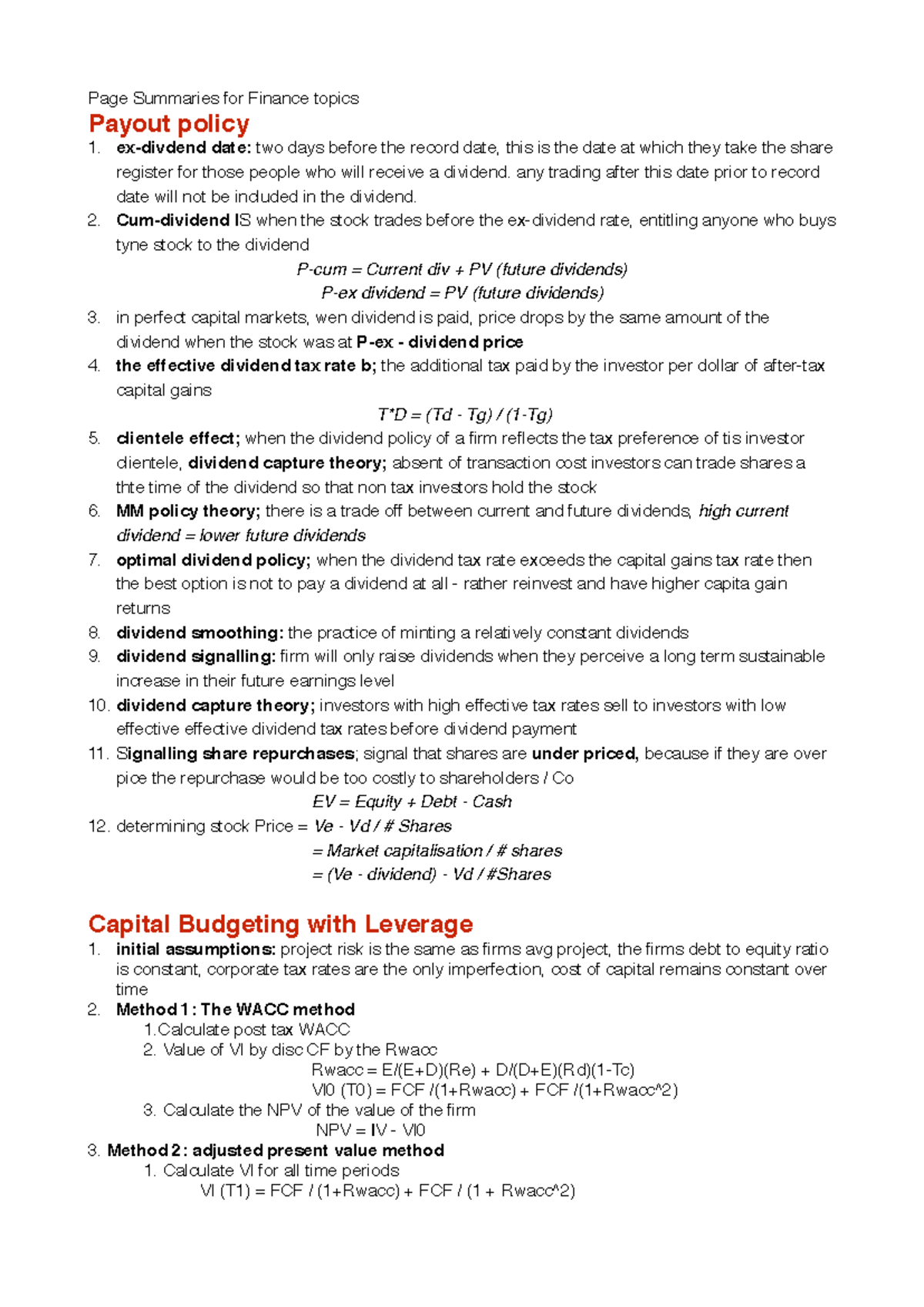 Finance 101: 20-Point Summary of Key Topics and Concepts - Studocu