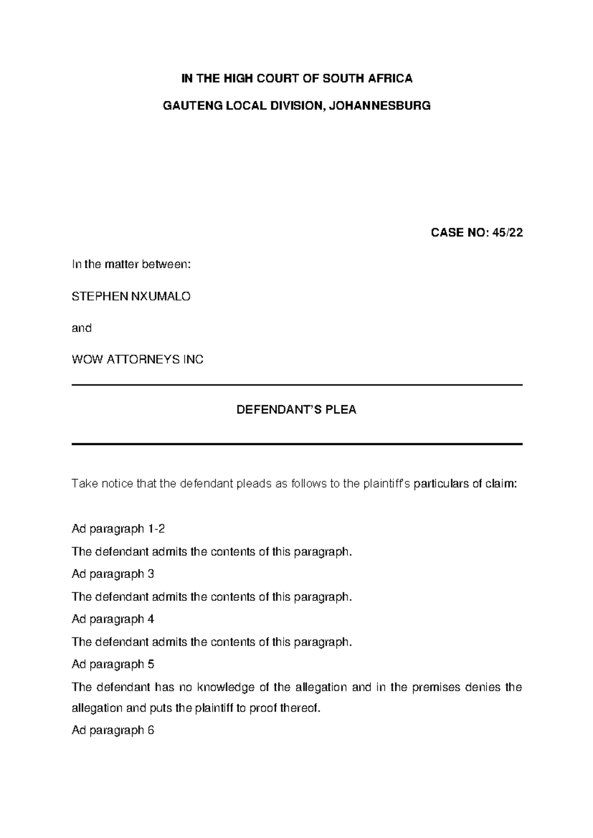 Plea and Counterclaim Template - Case No: 45/ in High Court SA - Studocu