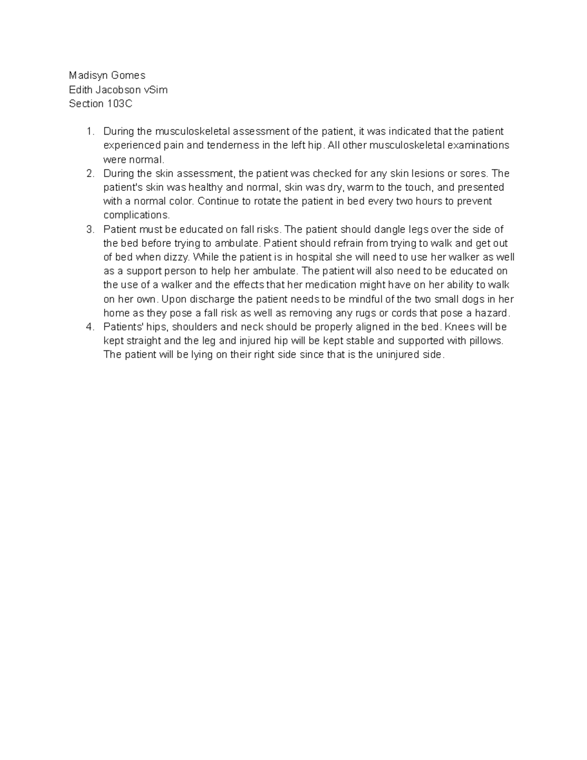 Edith Jacobson vSim Section 103C: Musculoskeletal Assessment Notes ...