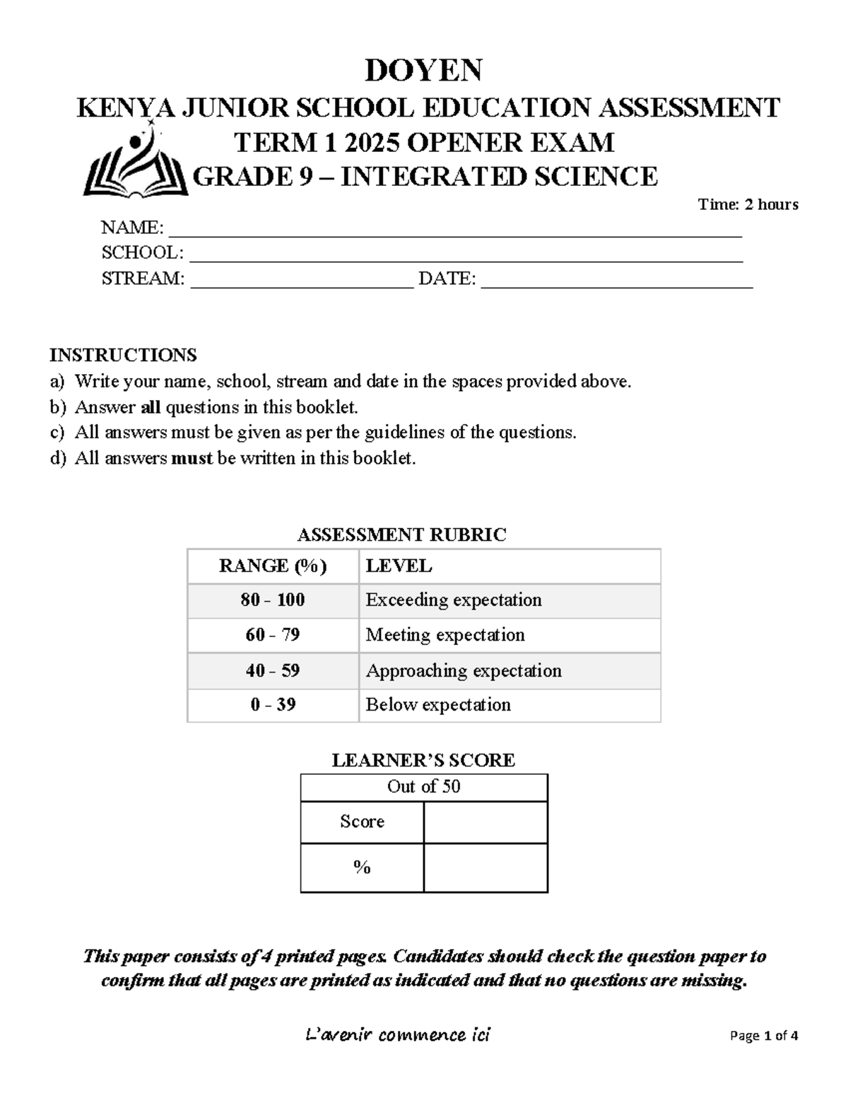 Grade 9 Integrated Science Term 1 2025 Opener Exam Paper - Studocu