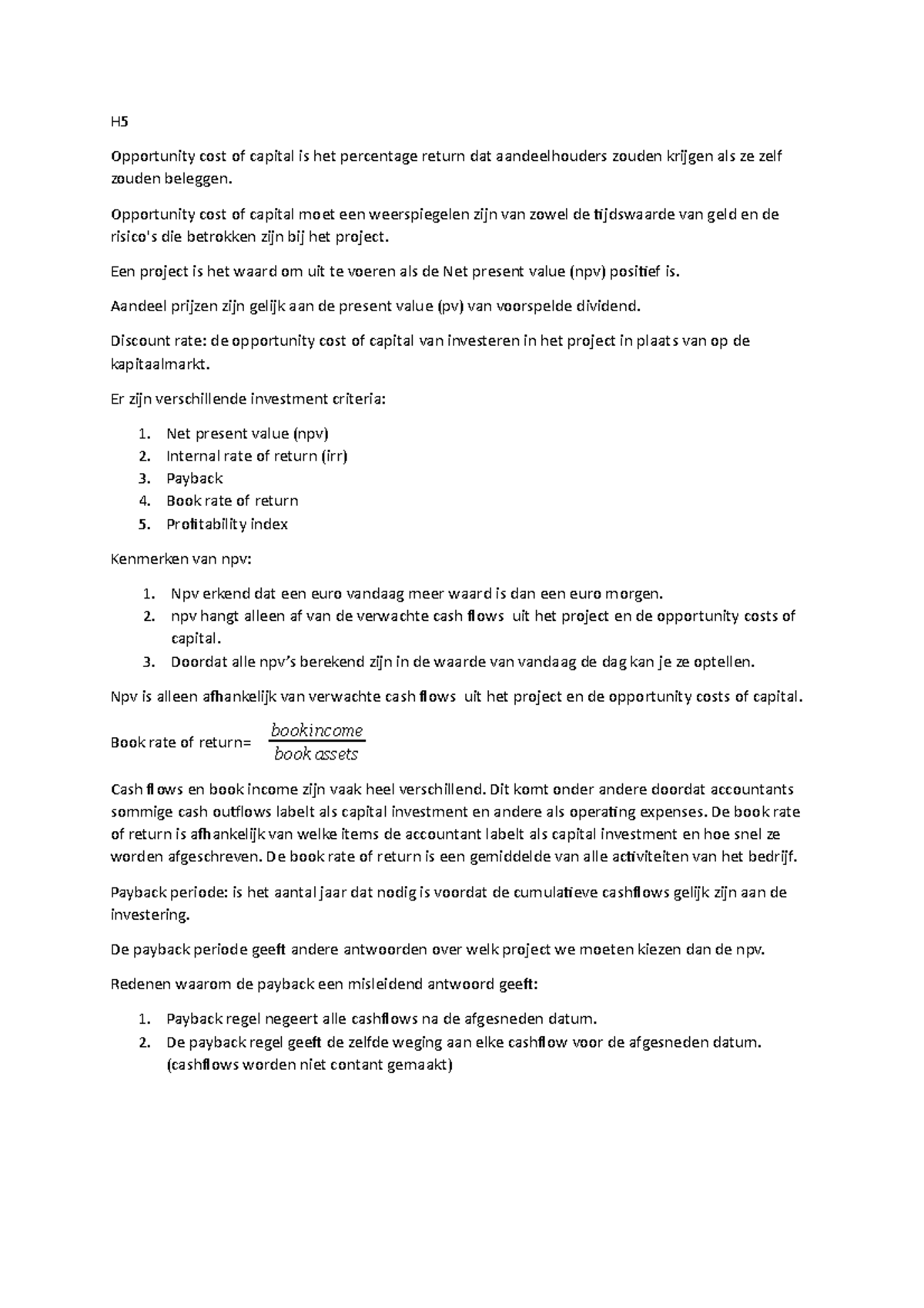 Samenvatting Deeltoets H: Toegepaste Kapitaalstructuur en Investeringen ...
