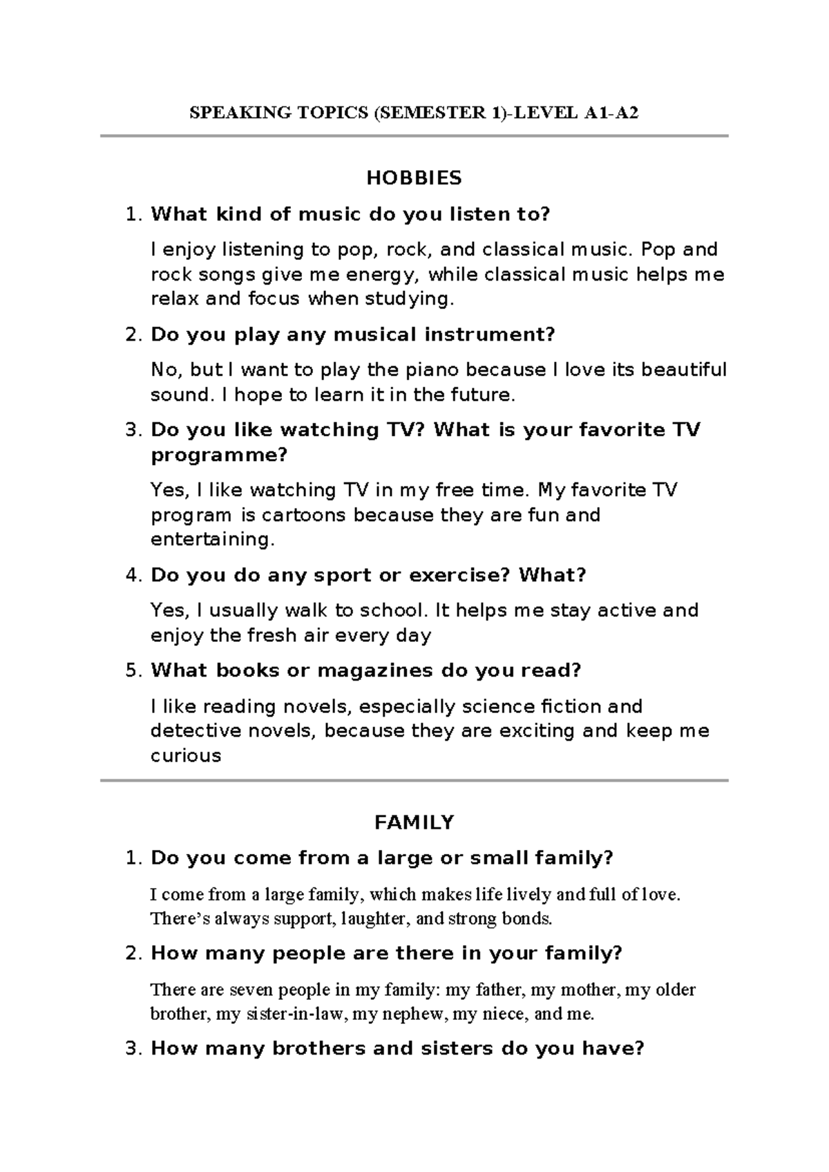 SPEAKING TOPICS (SEMESTER) - Hobbies, Family, Friends, and Holidays ...