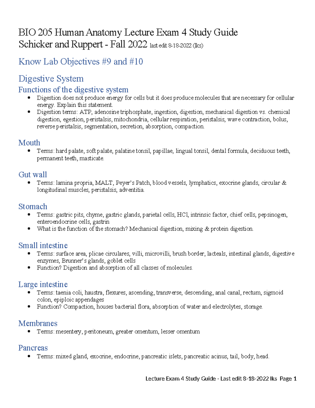 BIO 205 Lecture Exam 4 Study Guide: Digestive & Urinary Systems - Studocu