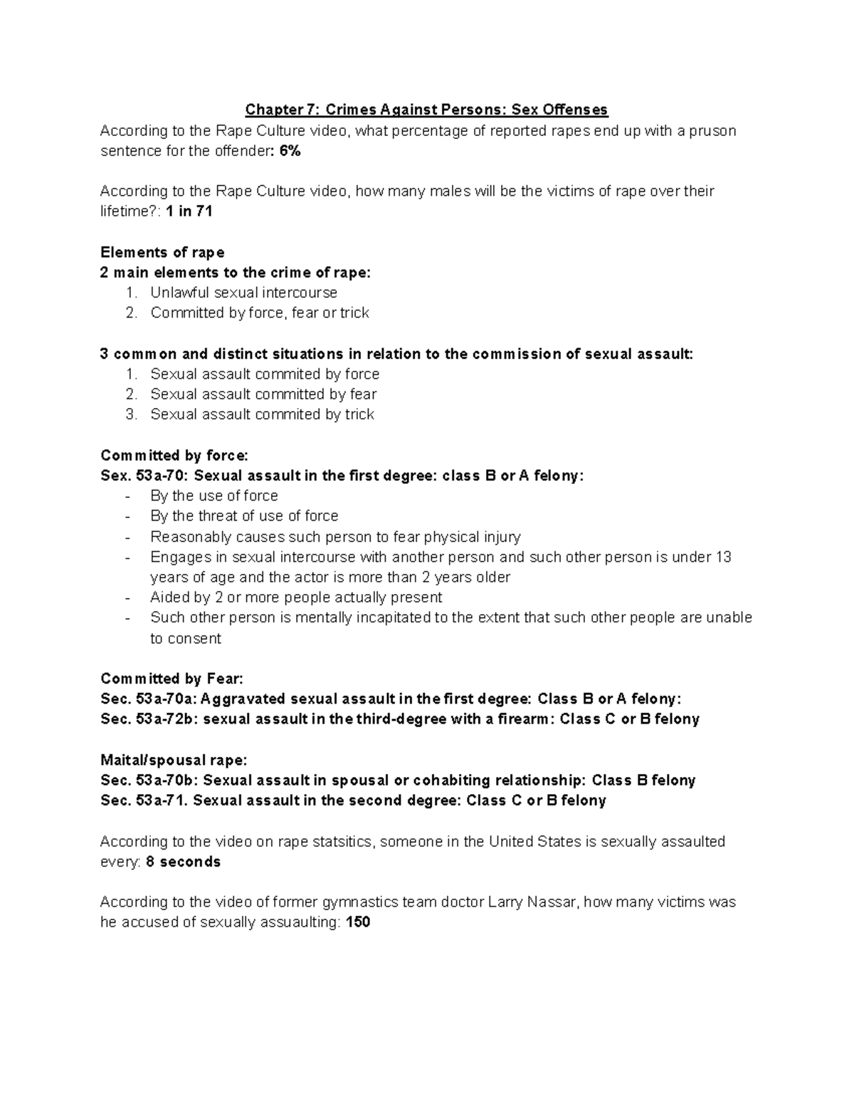 Criminal Law (CL 101) Chapter 7: Notes on Sex Offenses and Rape - Studocu