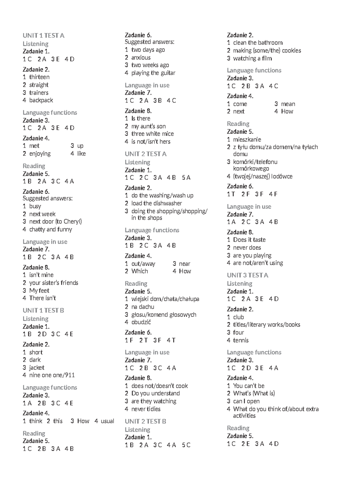 Answer Key Unit tests 1 14 revision - UNIT 1 TEST A Listening Zadanie 1 ...