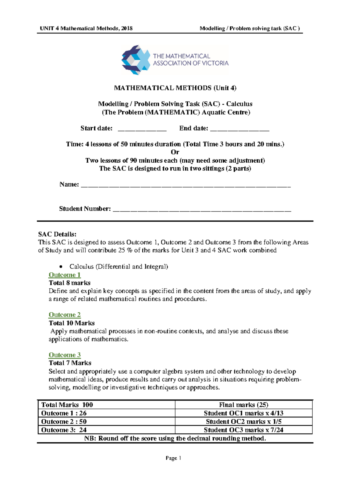 Mathematical Modelling Task (SAC) for Aquatic Centre - Unit 4 Calculus ...