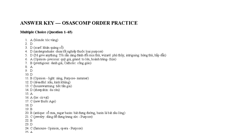 ANSWER KEY OSASCOMP ORDER PRACTICE: TRẬT TỰ TÍNH TỪ - Studocu