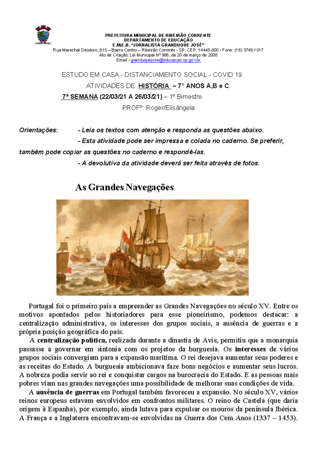 Atividades de História: Grandes Navegações - 7º Ano (7ª Semana) - Studocu