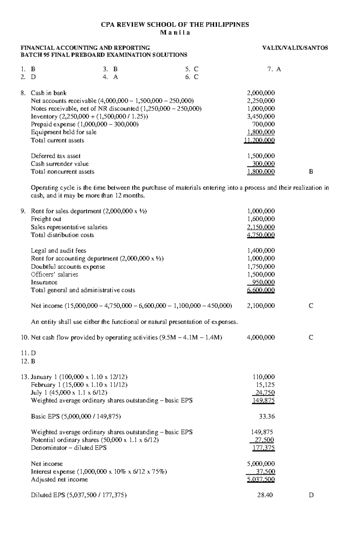 CPAR 95 FAR Final Preboard Exam Solutions and Answer Key - Studocu