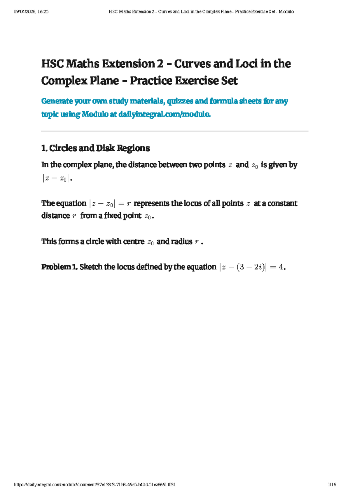 HSC Maths Extension 2: Curves & Loci in the Complex Plane Practice Set ...
