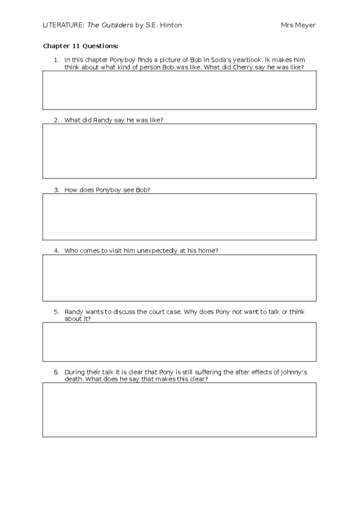 LIT 101: The Outsiders S.E. Hinton Ch 11 & 12 Questions - Studeersnel