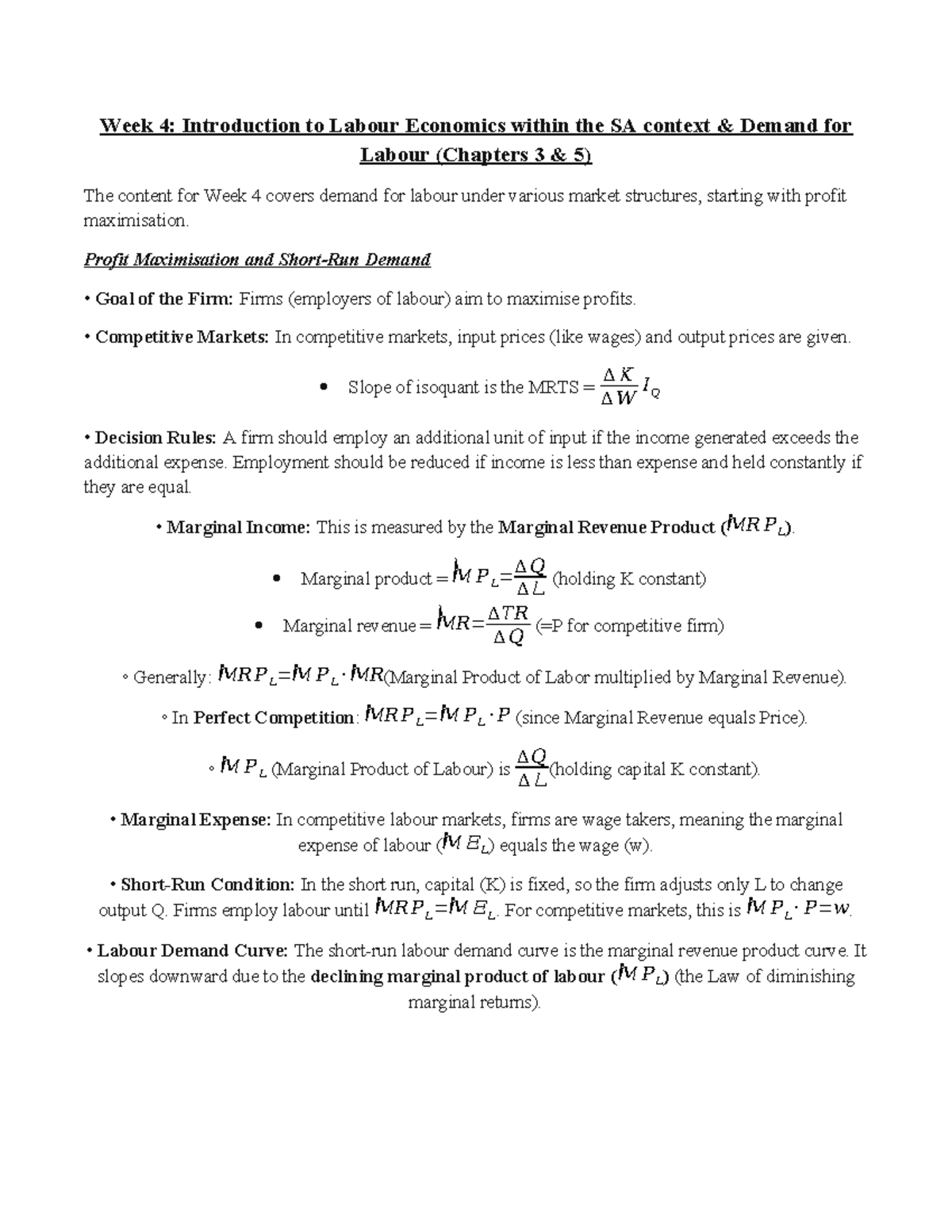 Test 2 Notes: Demand for Labour in SA Context (Chapters 3-5) - Studocu