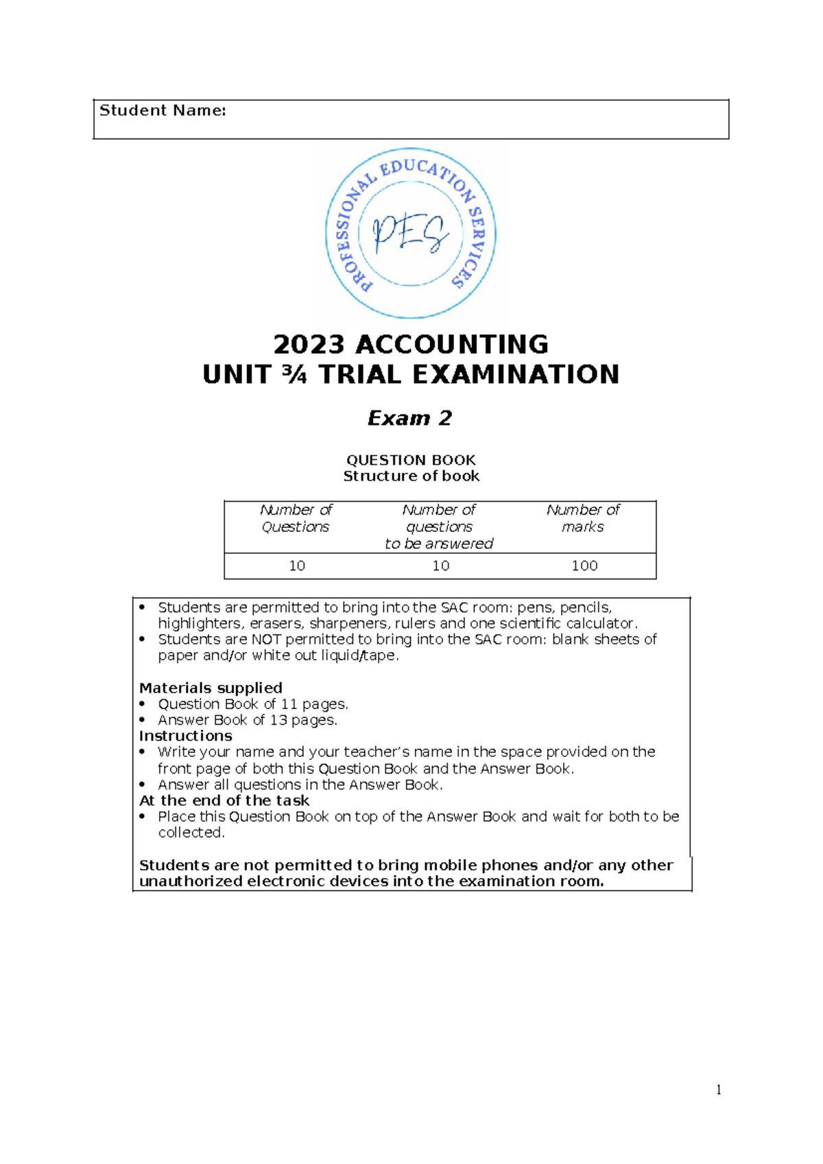 2023 ACCOUNTING UNIT ¾ TRIAL EXAMINATION 2 QUESTION BOOK - Studocu
