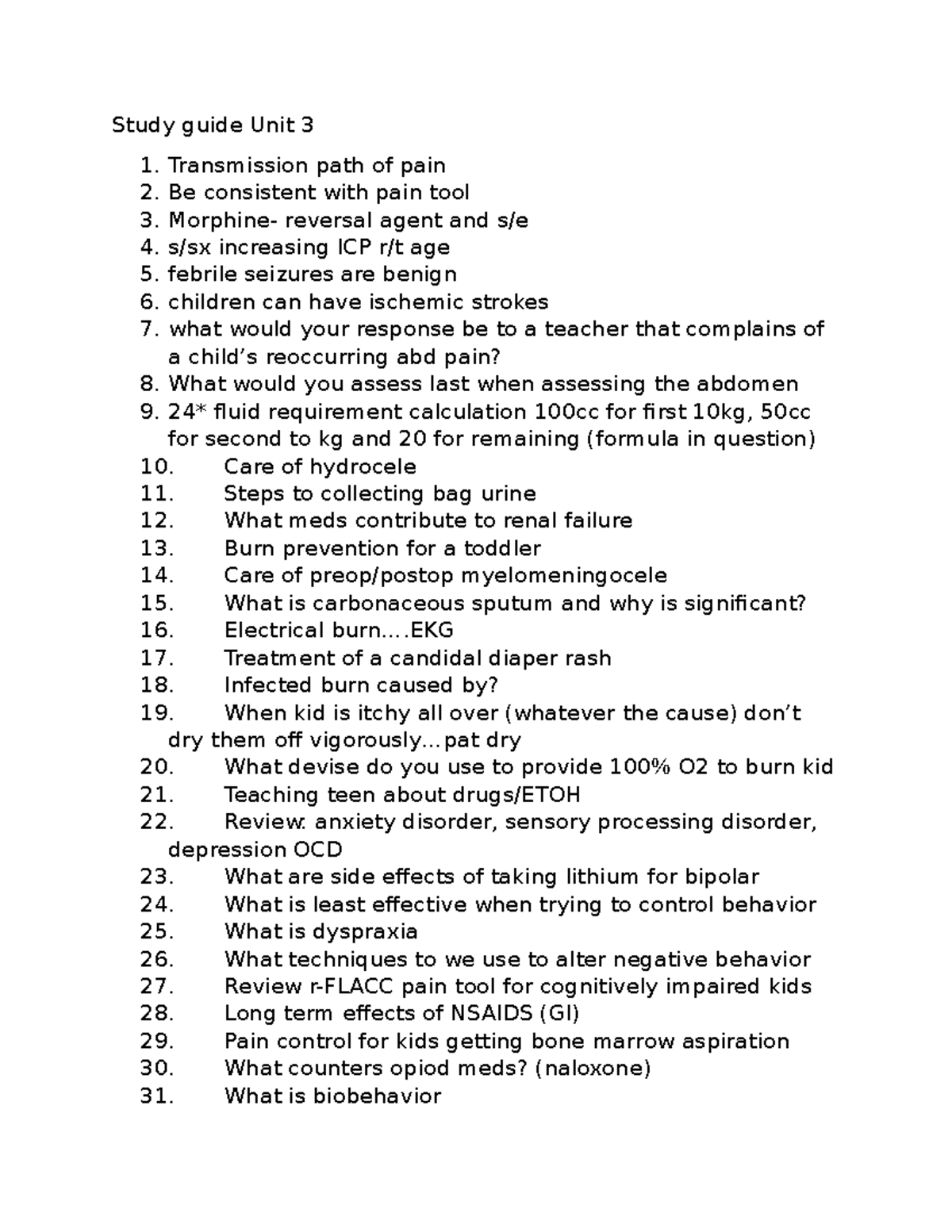 Unit 3 Study Guide: Pediatric Pain Management & Related Topics - Studocu