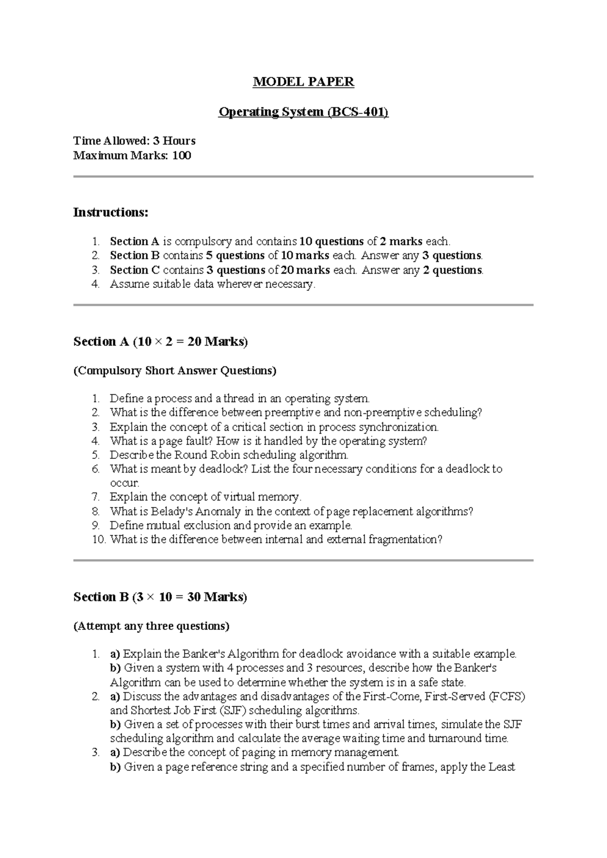 Model Paper: Operating System (OS) - Exam Prep & Key Concepts - Studocu