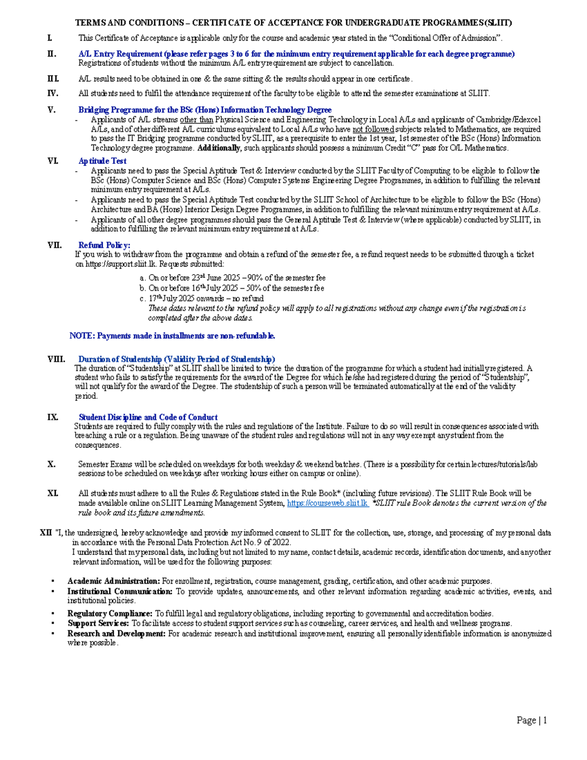 SLIIT 2025 June Intake Terms & Conditions for Undergrad Programs - Studocu
