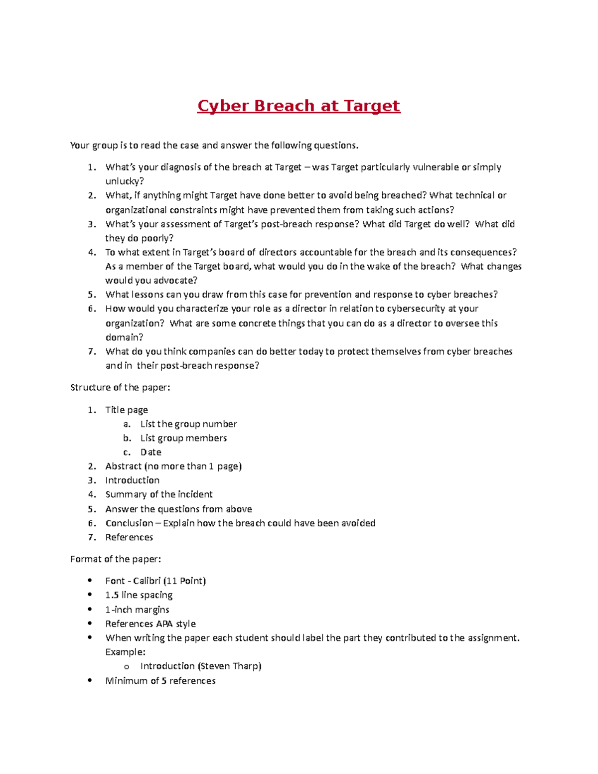 Cyber Breach at Target Case Study Assignment Analysis - Studocu