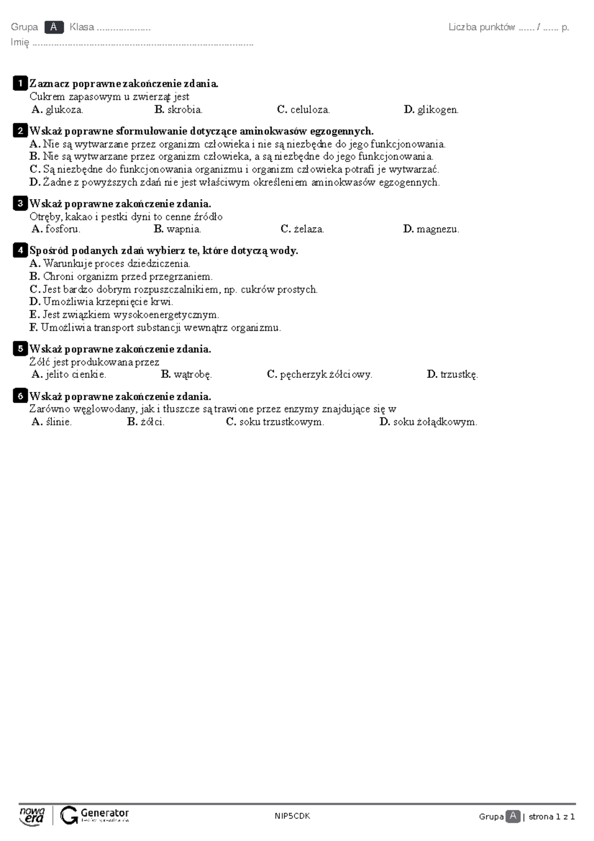 Kartkówka NIP5CDK - Układ pokarmowy - Lekcje 1, 2, 3 Test - Studocu