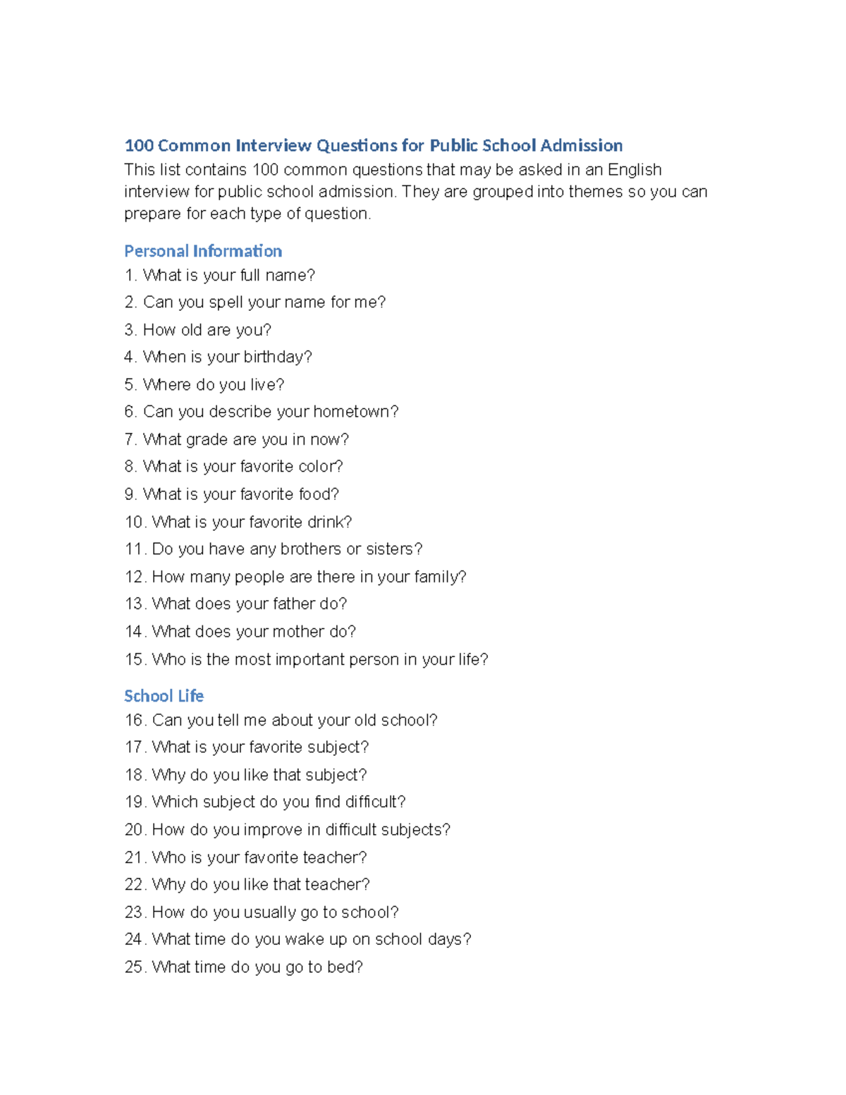 100 Common Interview Questions for Public School Admission - Studocu