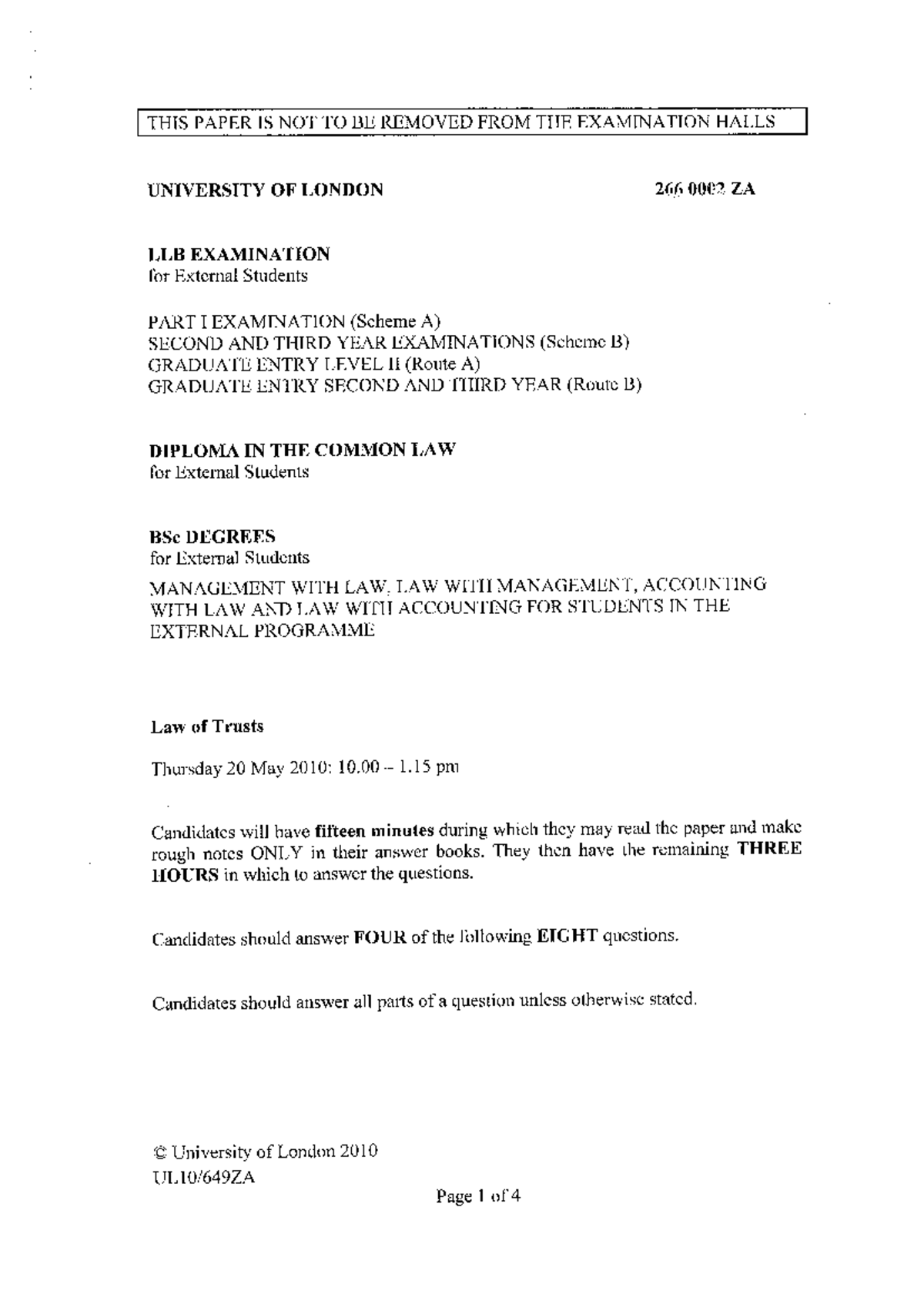 LLB Exam 2010: Questions on Law of Trusts and Relevant Case Studies ...