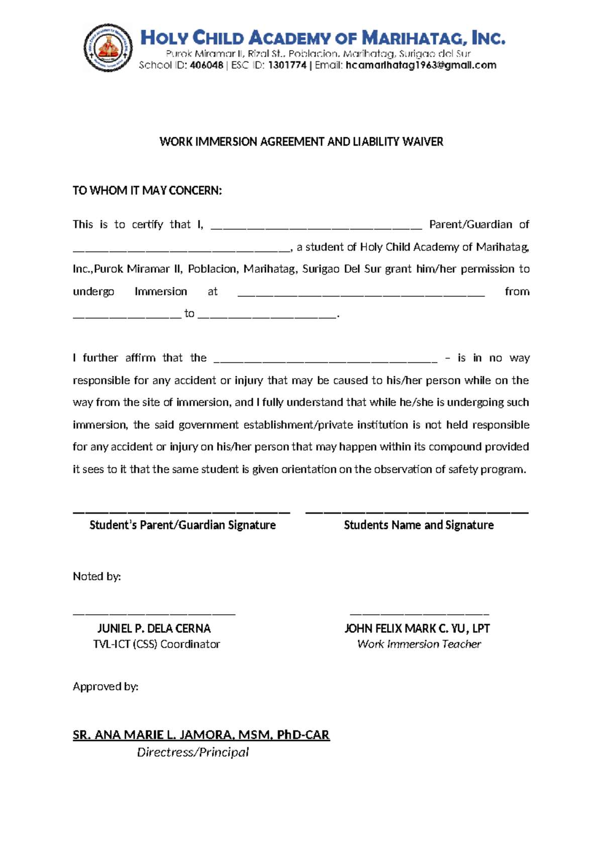 WORK IMMERSION AGREEMENT & LIABILITY WAIVER (CSS) - Studocu