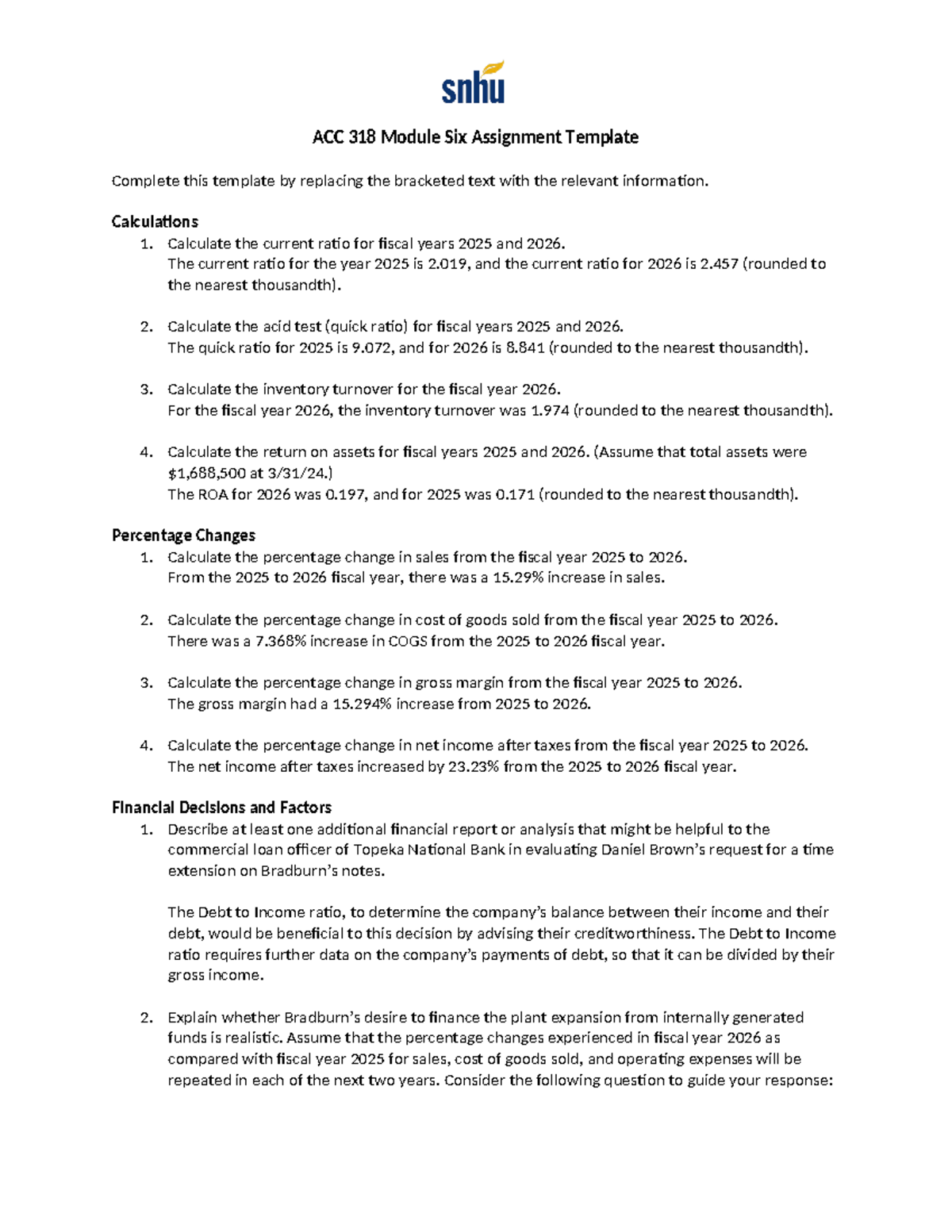 ACC 318 Module Six Assignment: Financial Ratios & Analysis Insights ...