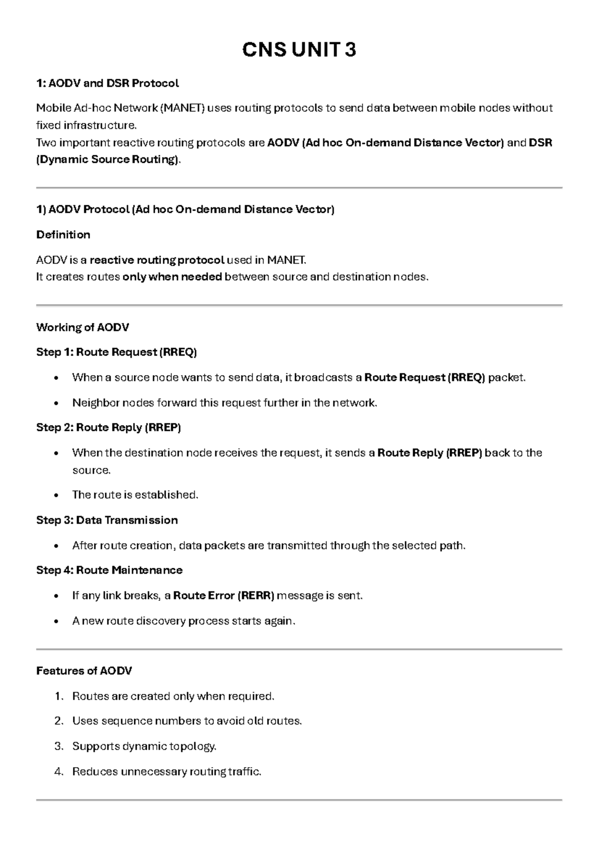 CNS UNIT 3 - AODV and DSR Protocols in Mobile Networks Explained - Studocu