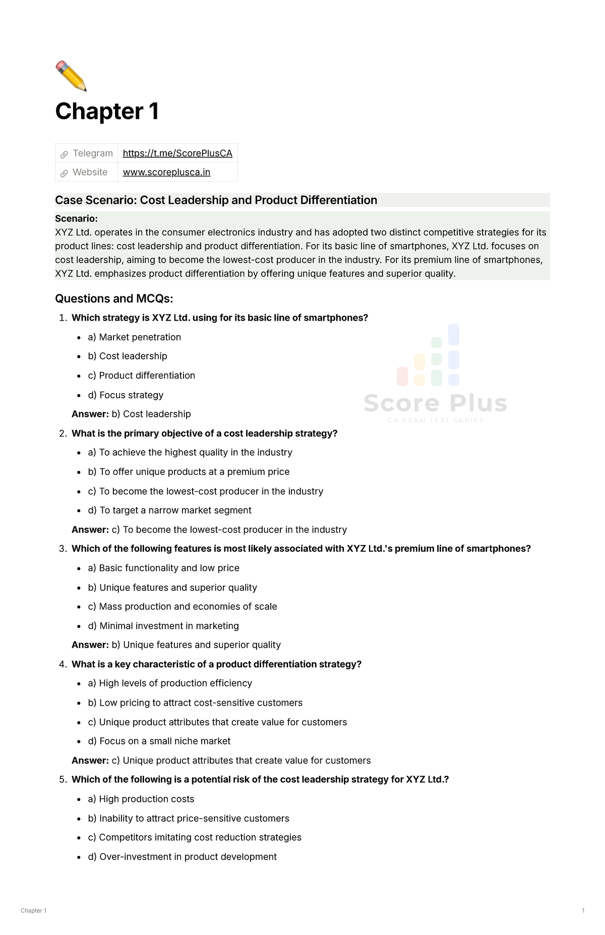 SPOM-SCPM MCQs on Cost Leadership & Product Differentiation - Studocu