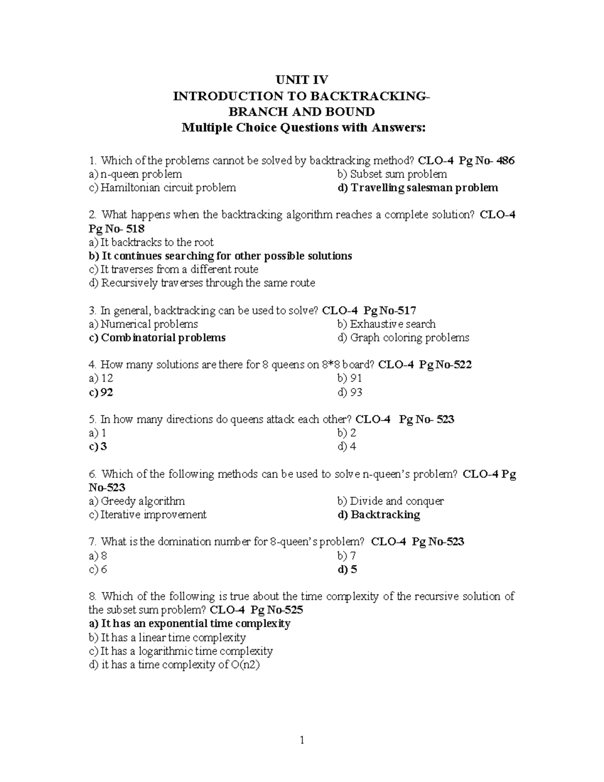 UNIT IV DAA: Backtracking & Branch and Bound MCQs with Answers - Studocu