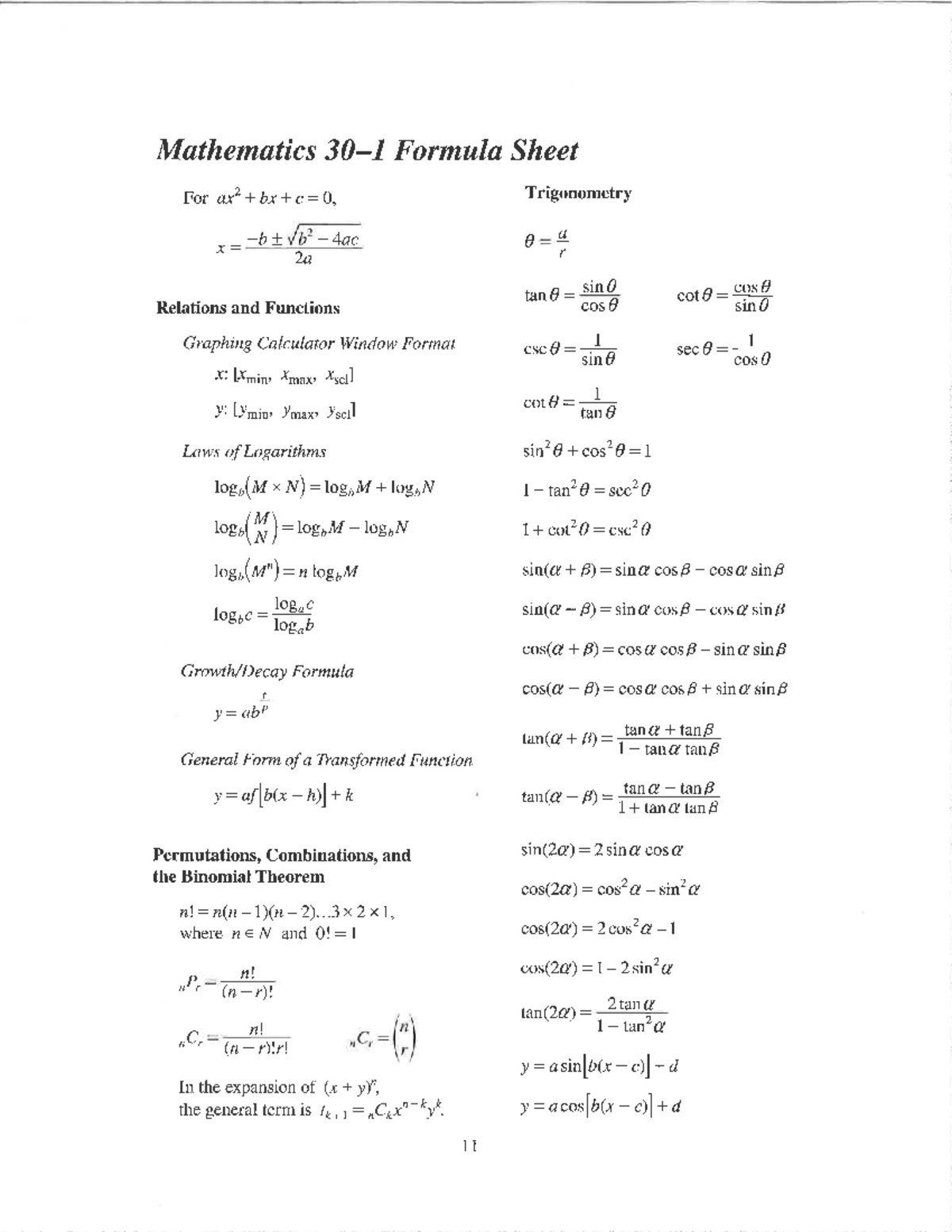 Mathematics Formula Sheet for CSC 10: Trigonometry & Functions - Studocu