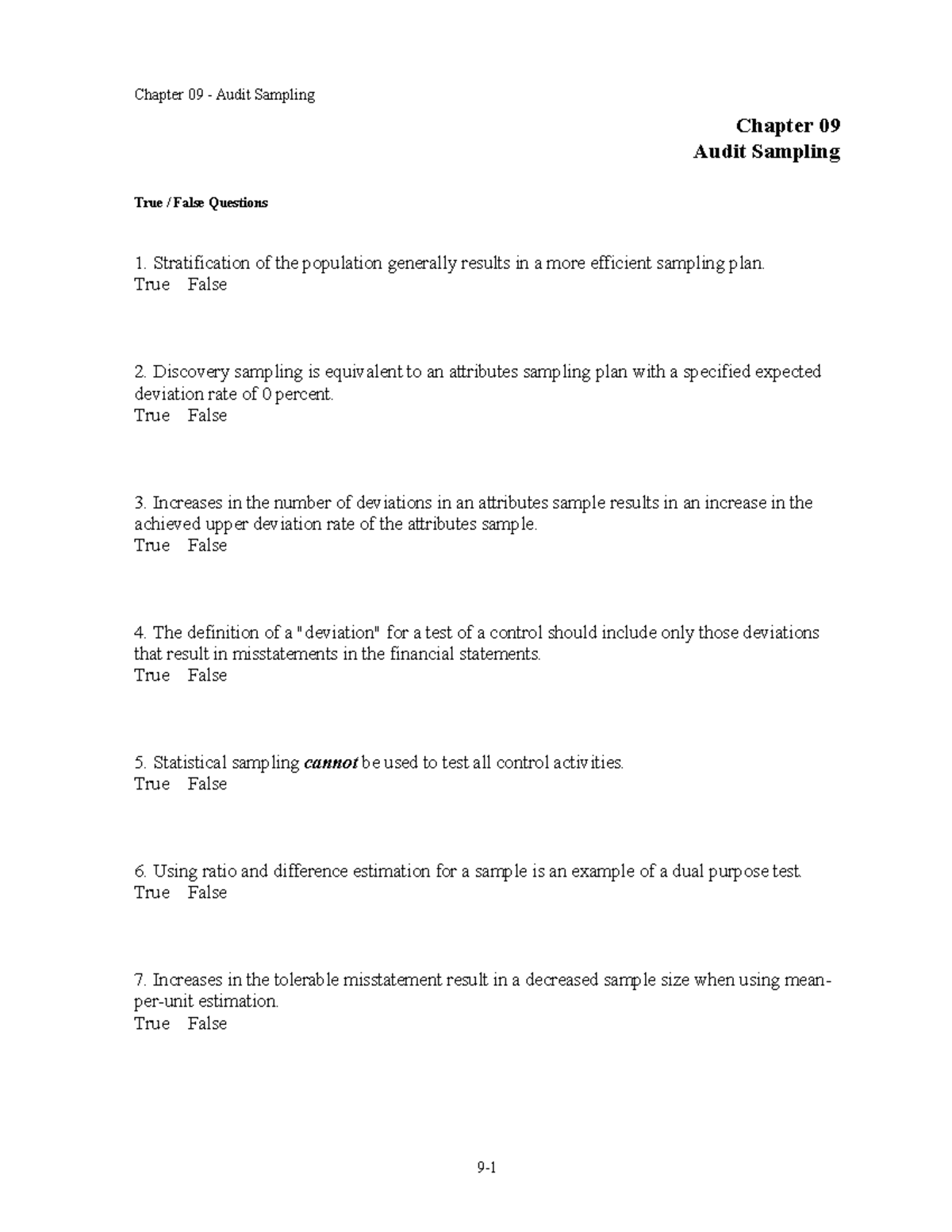 Chapter 09 Audit Sampling: True/False & Multiple Choice Questions - Studocu