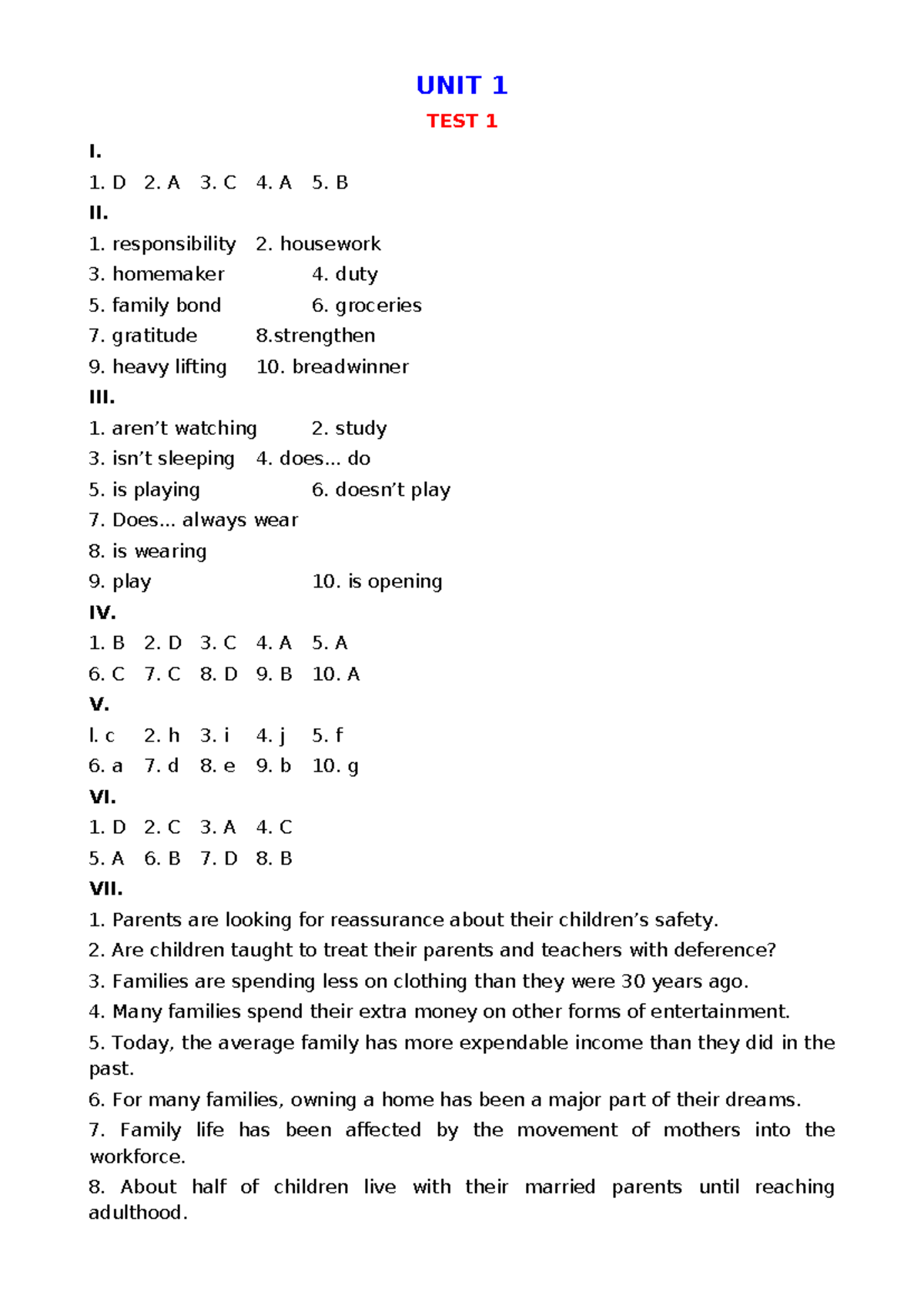 UNIT 1 TEST 1-6 ANSWERS AND KEY - Studocu
