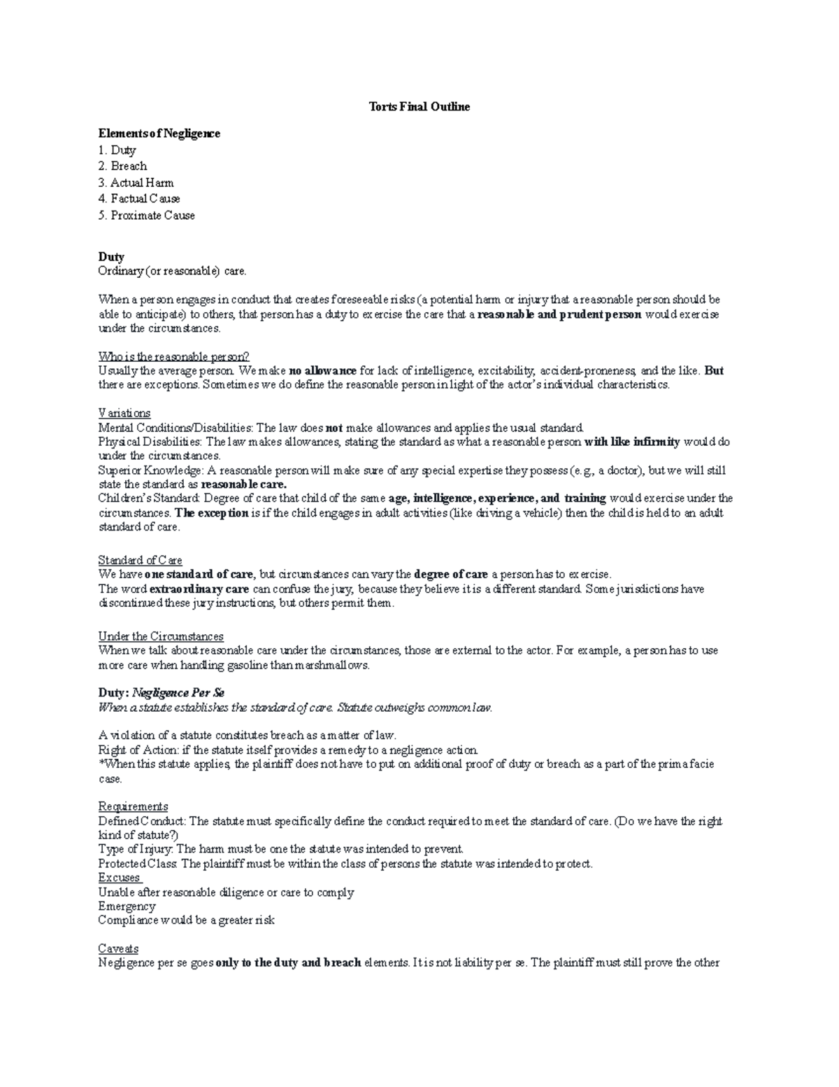 Torts (LAW 101) Final Exam Outline: Key Elements of Negligence - Studocu