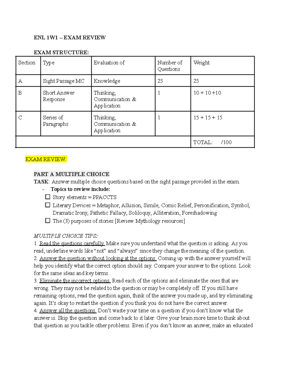 ENL 1W1 – Final Exam Review Guide for 2024 Exam Preparation - Studocu