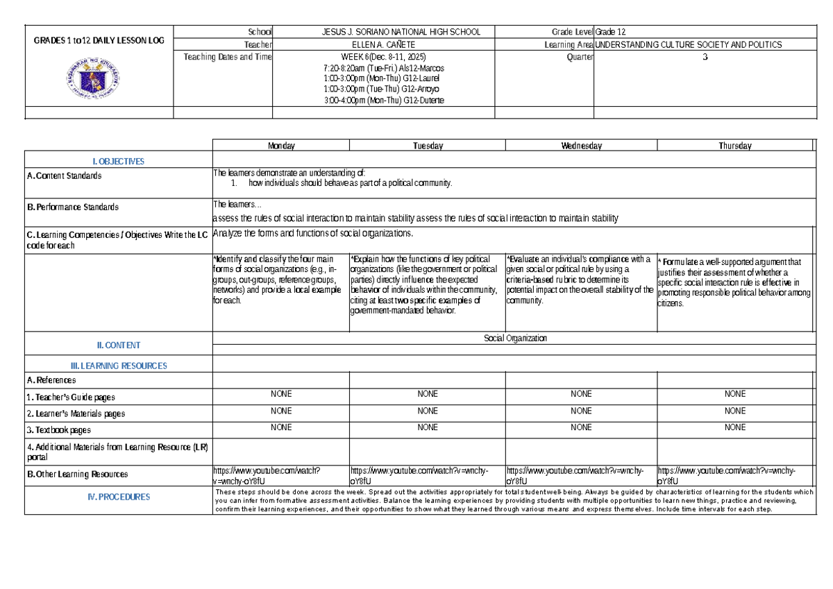 DLL UCSP Q3 WEEK 6: Daily Lesson Log for Grade 12 - Studocu