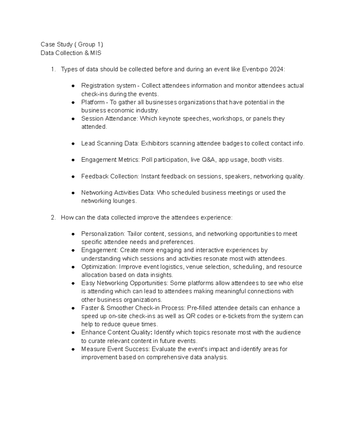 Case Study (MIS) Data Collection Strategies for Eventxpo 2024 - Studocu