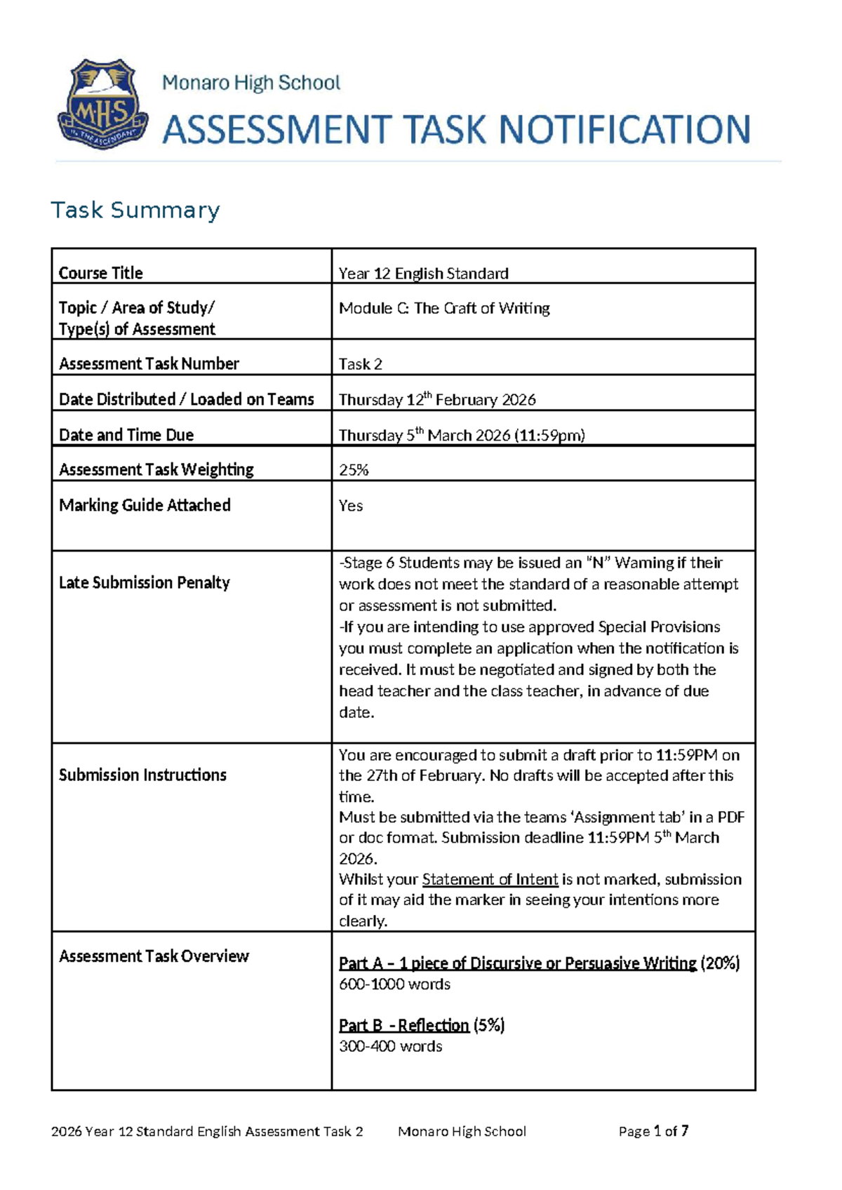 2026 MHS Yr 12 English Standard Module C Writing Task Overview - Studocu