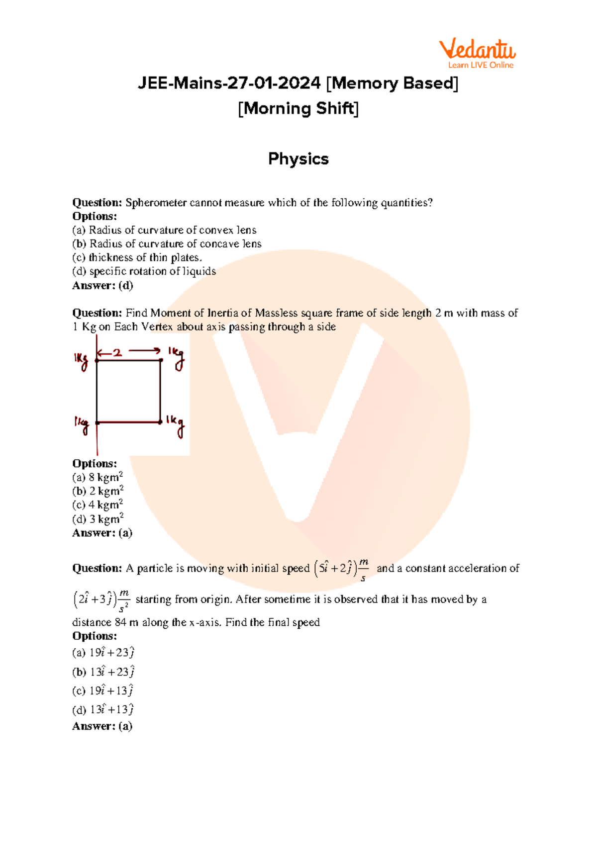 JEE Main 2024 (January 27 Shift 1) Physics Question Paper with ...