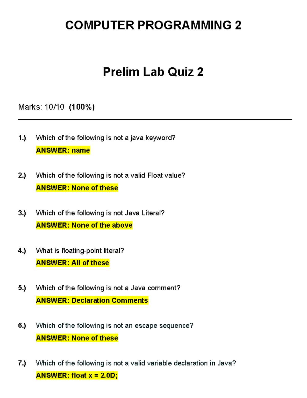 Computer Programming 2 Prelim Lab Quiz 2 Answers and Solutions - Studocu