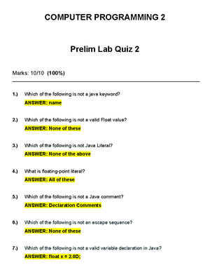 Computer Programming 2 Prelim QUIZ 2 - COMPUTER PROGRAMMING 2 Prelim ...