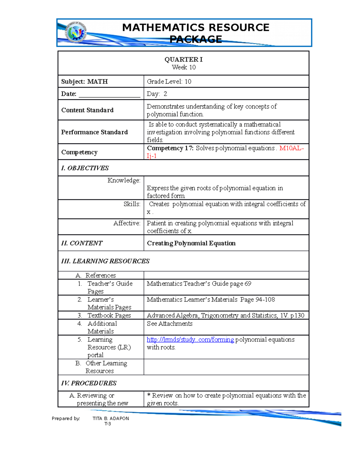 M10AL-IJ-Week 10 Day 2 - Lesson Plan on Polynomial Equations - Studocu