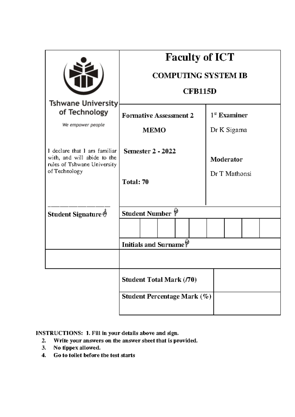 CFB115D FA2 Semester 2 Memo - Formative Assessment Answers - Studocu